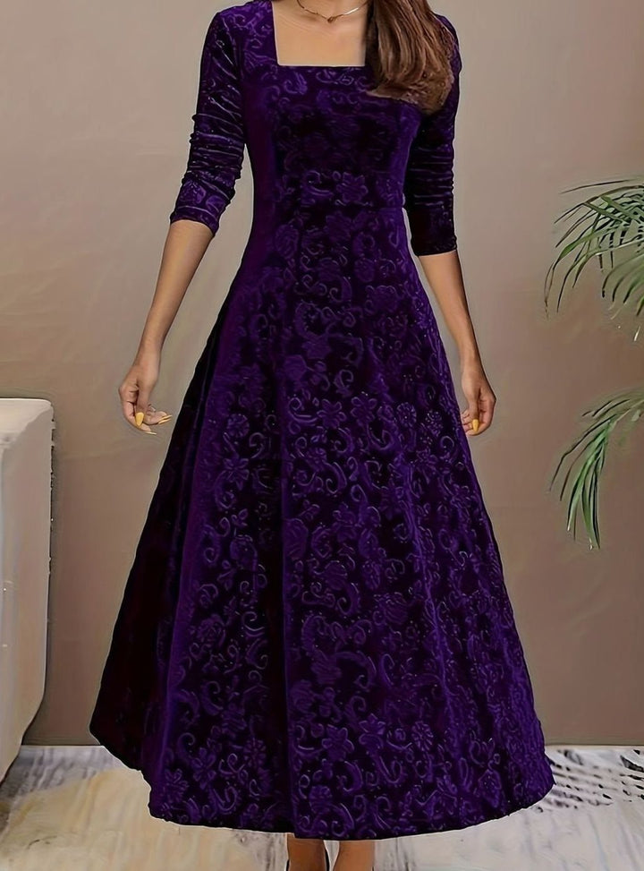 Jessica | Women's Square Neck Velvet Floral Embossed Party Dress
