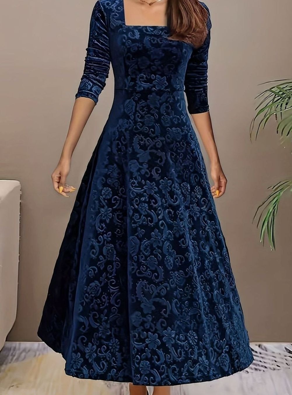 Jessica | Women's Square Neck Velvet Floral Embossed Party Dress