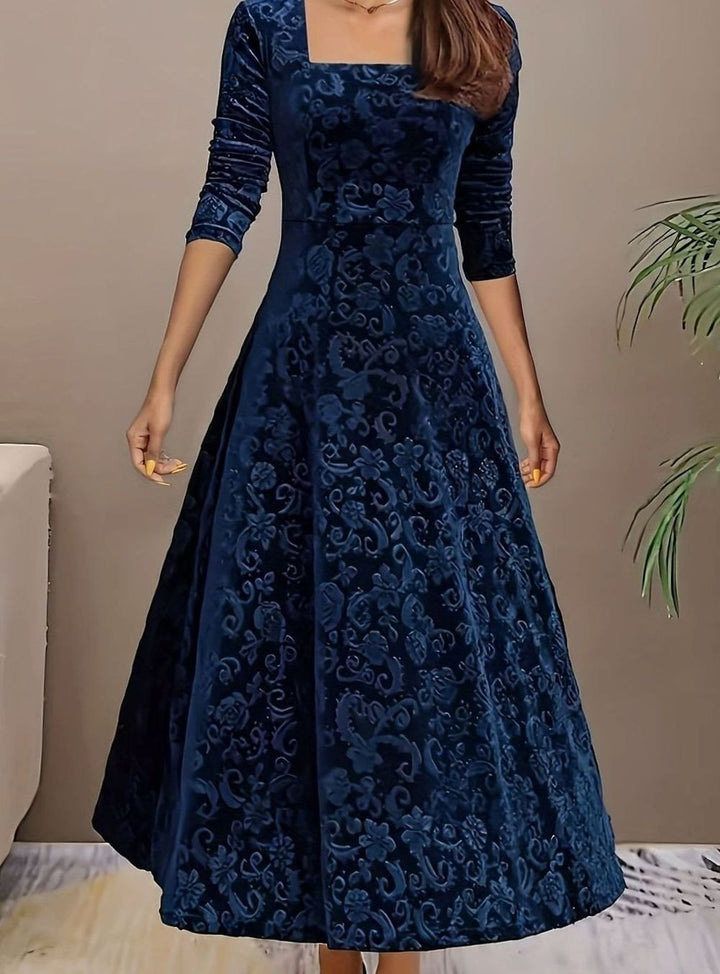 Jessica | Women's Square Neck Velvet Floral Embossed Party Dress