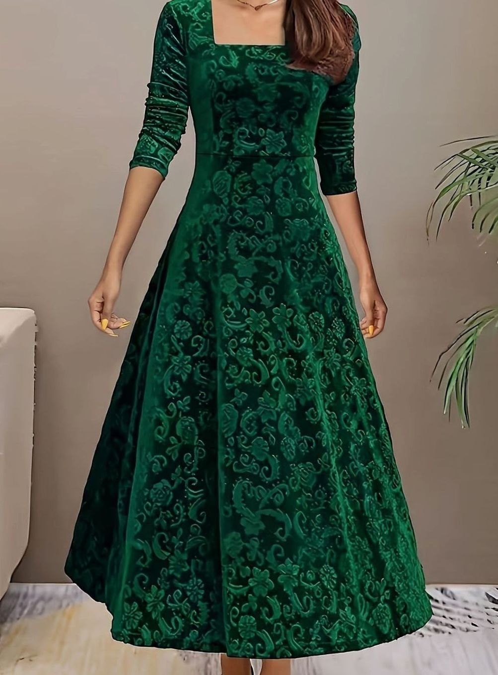 Jessica | Women's Square Neck Velvet Floral Embossed Party Dress