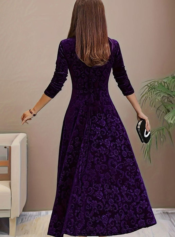 Jessica | Women's Square Neck Velvet Floral Embossed Party Dress