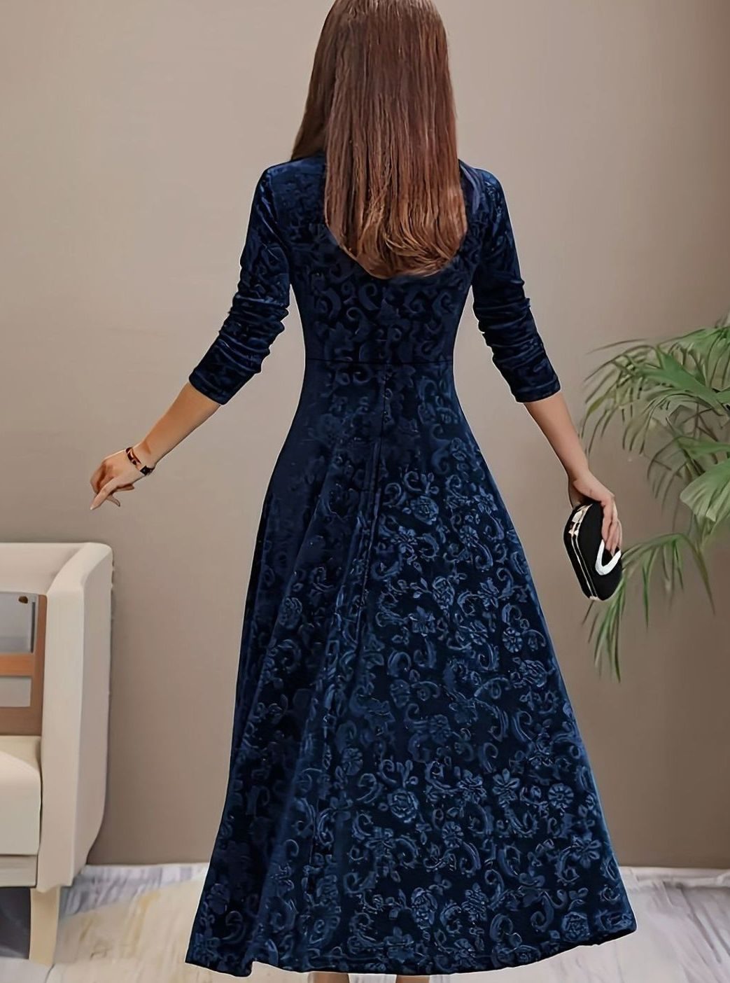 Jessica | Women's Square Neck Velvet Floral Embossed Party Dress