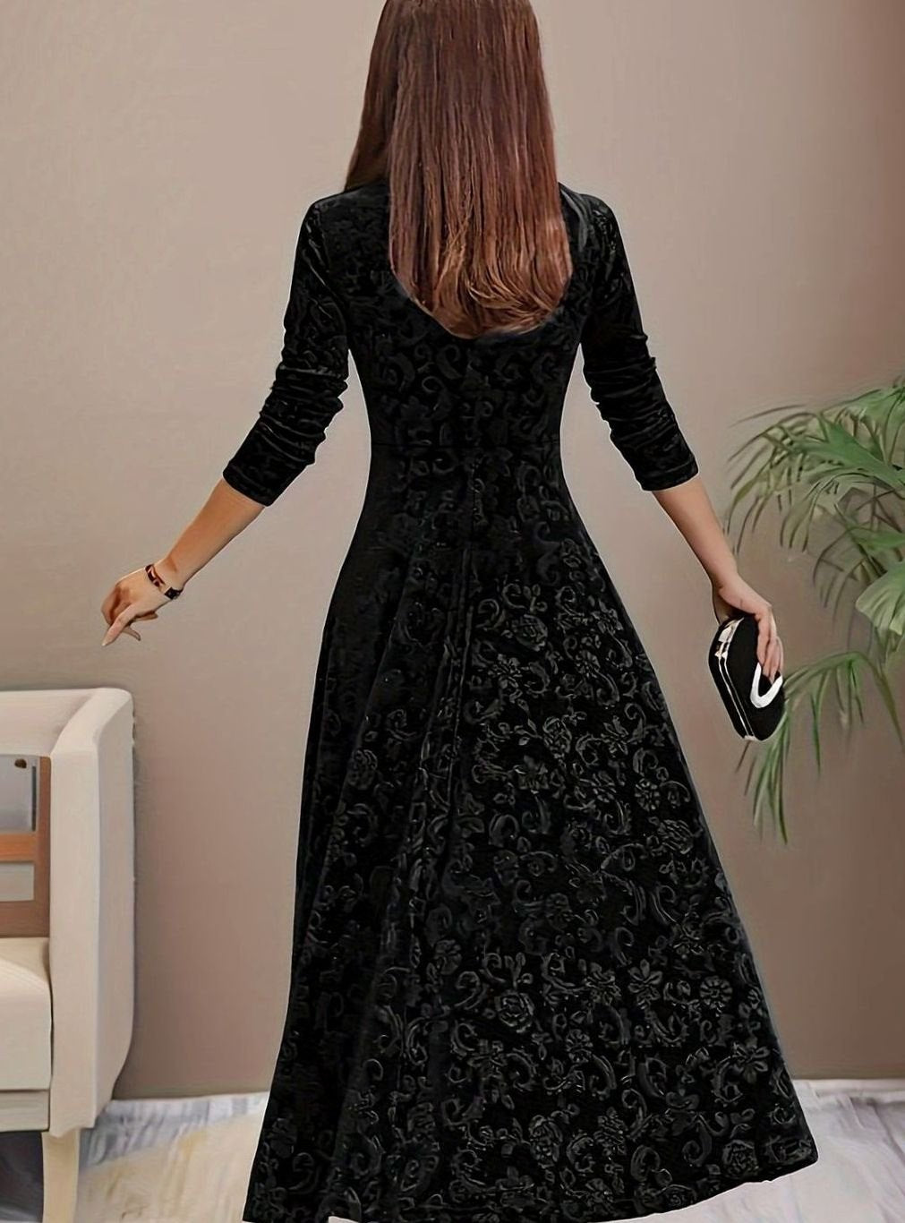 Jessica | Women's Square Neck Velvet Floral Embossed Party Dress