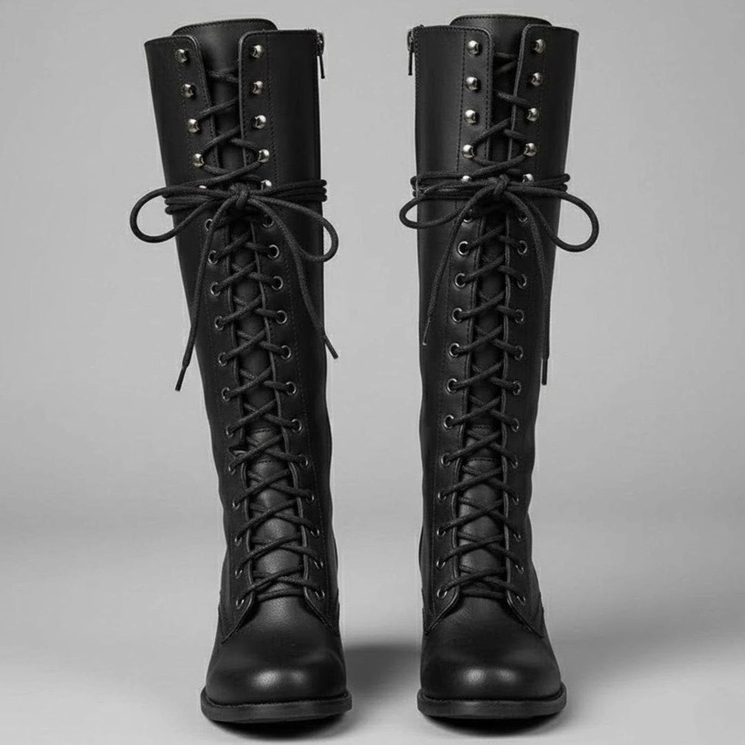Jocelyn | Women's Lace-Up Block Heel Studded Knee-High Boots