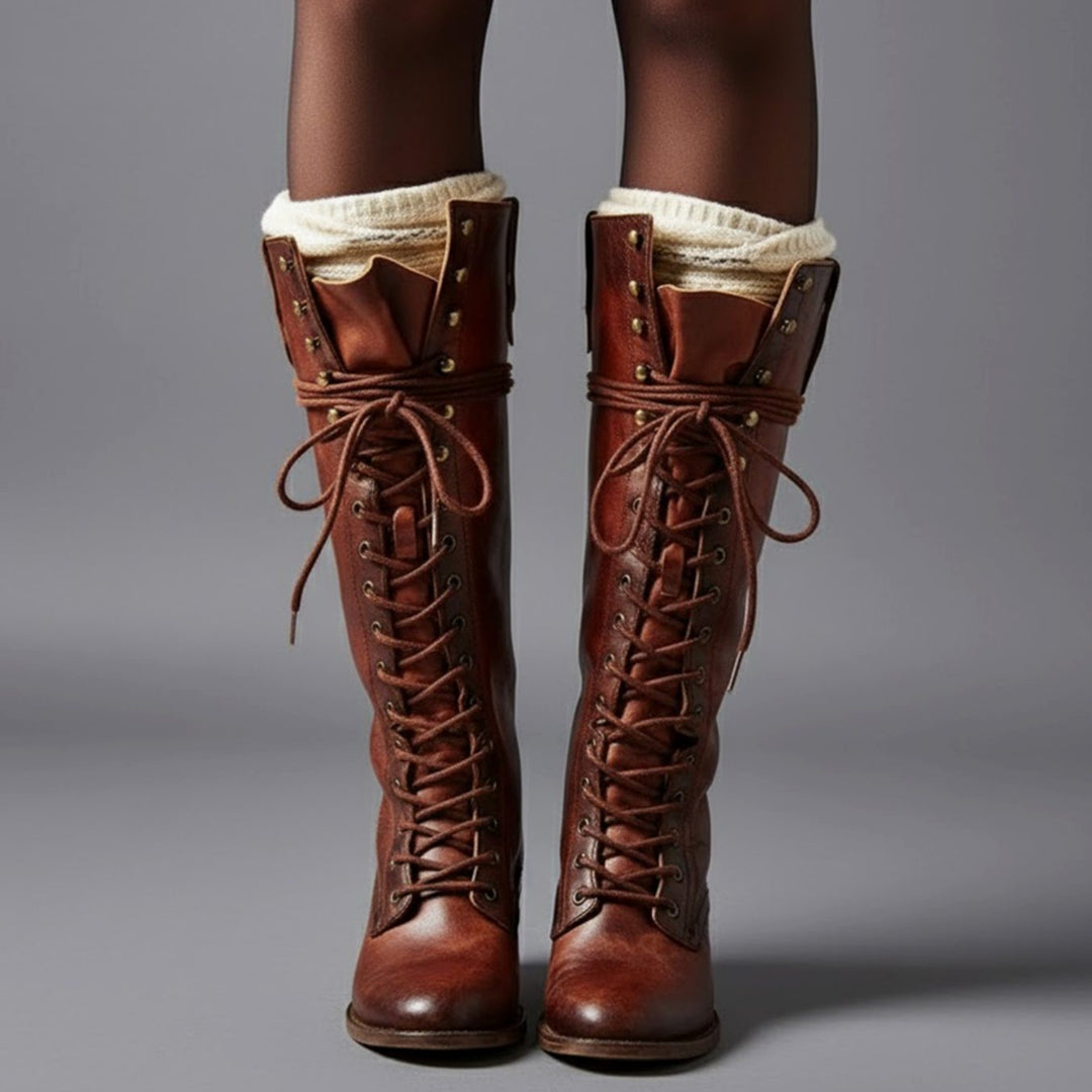 Jocelyn | Women's Lace-Up Block Heel Studded Knee-High Boots