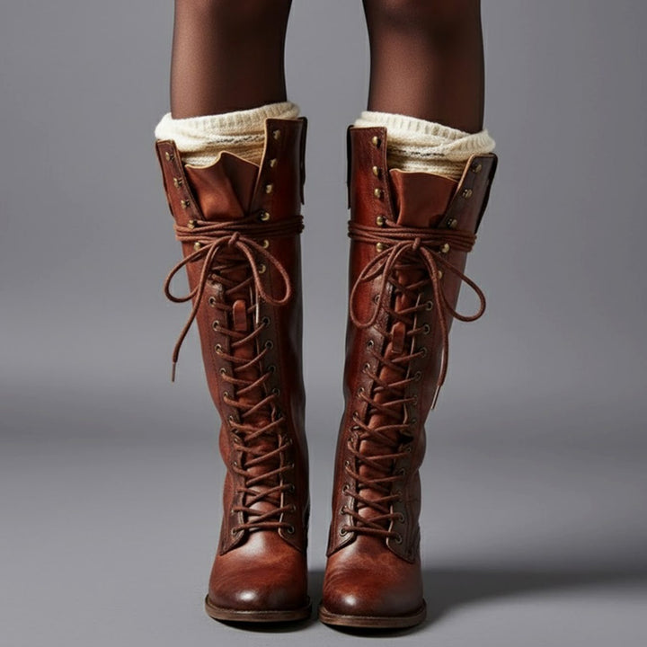 Jocelyn | Women's Lace-Up Block Heel Studded Knee-High Boots