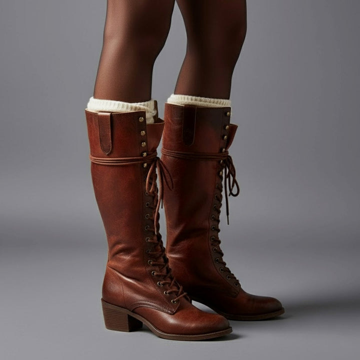 Jocelyn | Women's Lace-Up Block Heel Studded Knee-High Boots