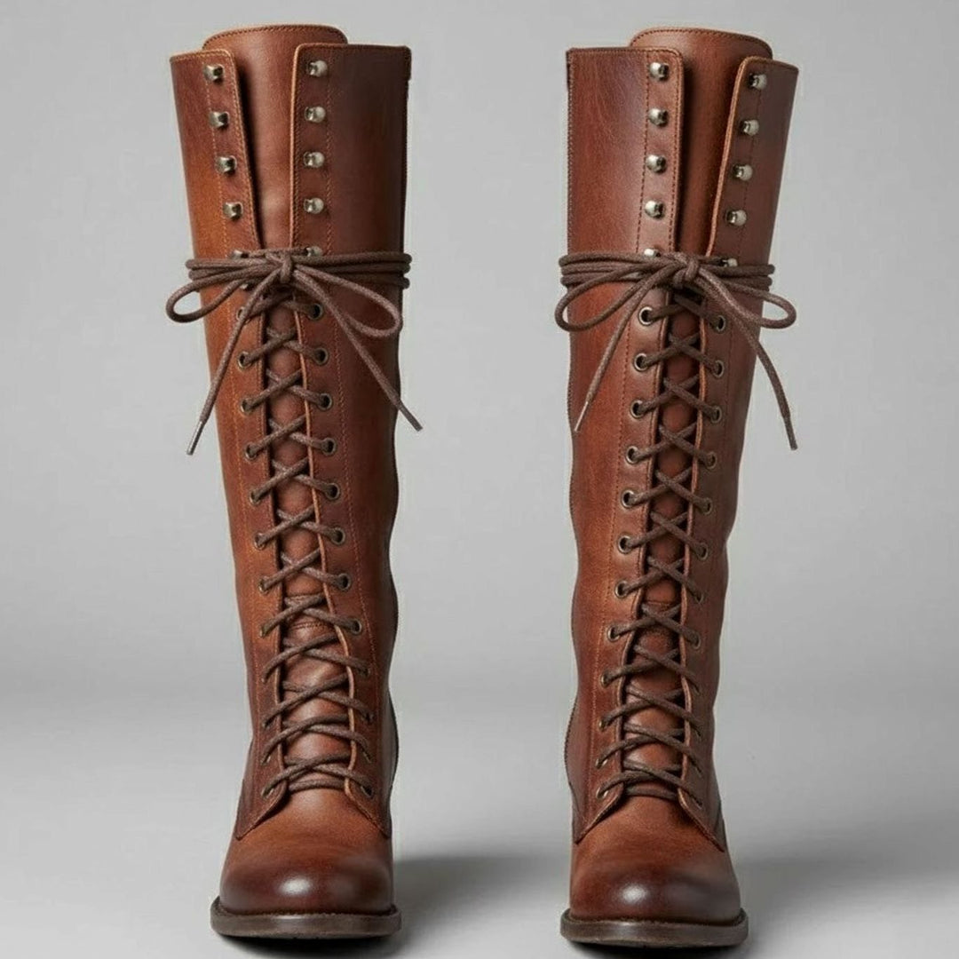 Jocelyn | Women's Lace-Up Block Heel Studded Knee-High Boots