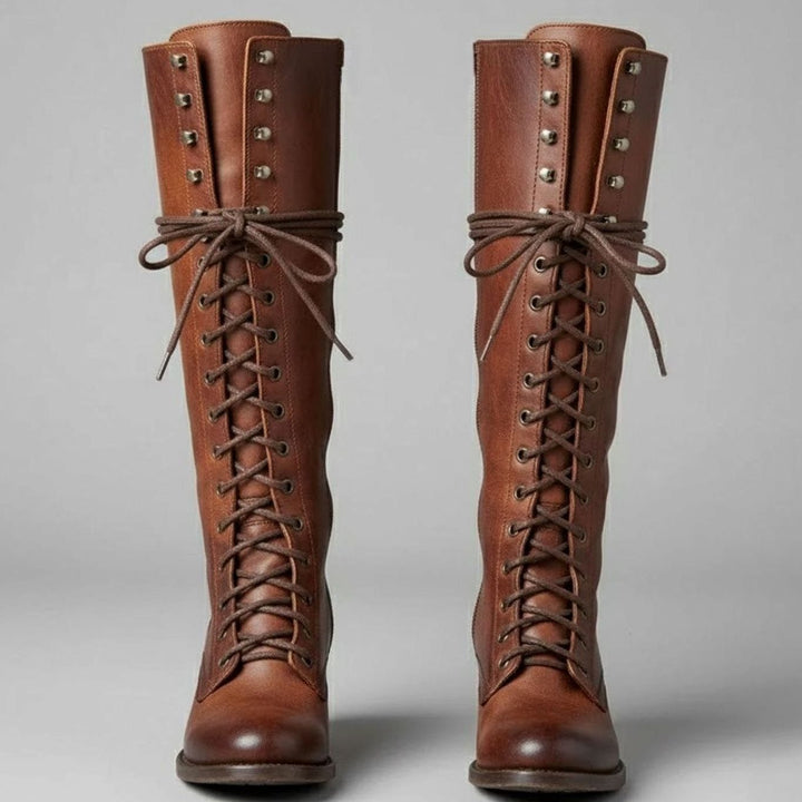 Jocelyn | Women's Lace-Up Block Heel Studded Knee-High Boots