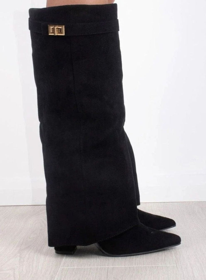 Katherine | Women's Suede Thigh-High Boots Gold Buckle Pointed Toe