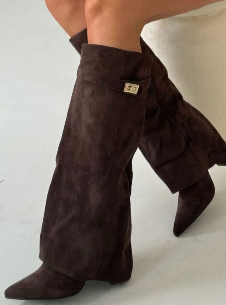 Katherine | Women's Suede Thigh-High Boots Gold Buckle Pointed Toe
