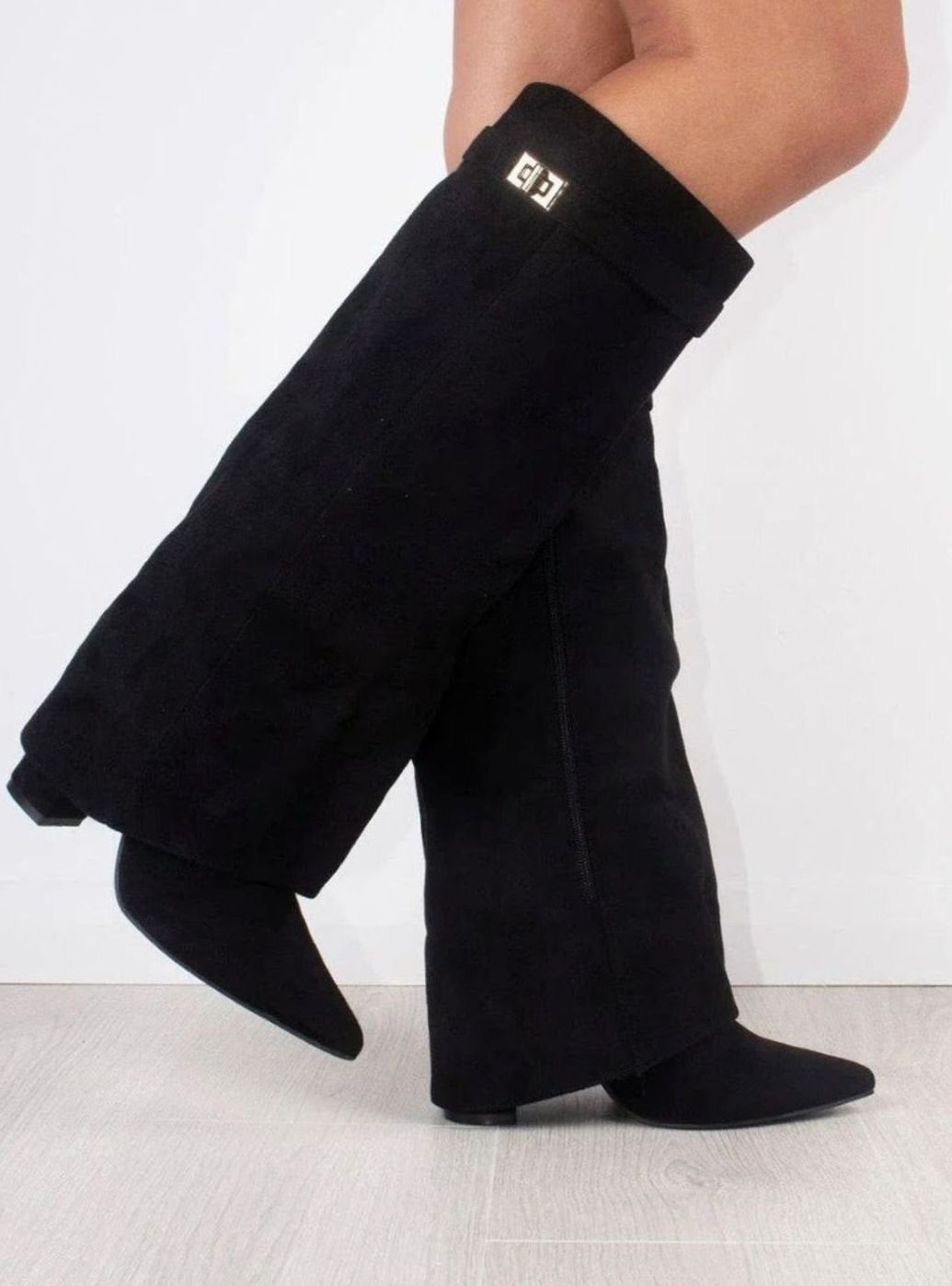 Katherine | Women's Suede Thigh-High Boots Gold Buckle Pointed Toe