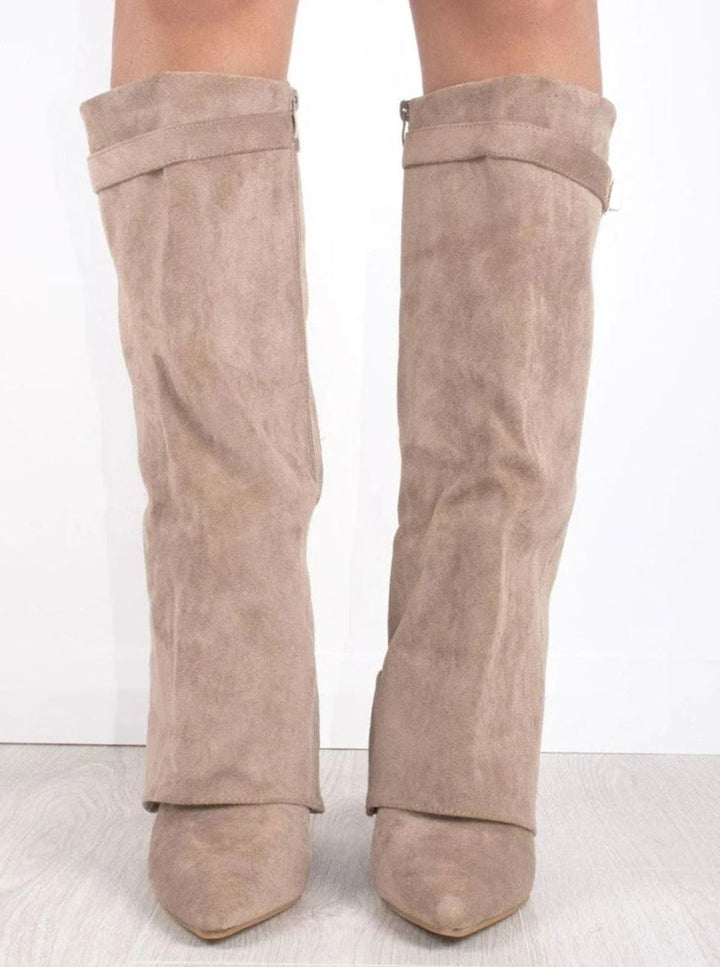 Katherine | Women's Suede Thigh-High Boots Gold Buckle Pointed Toe