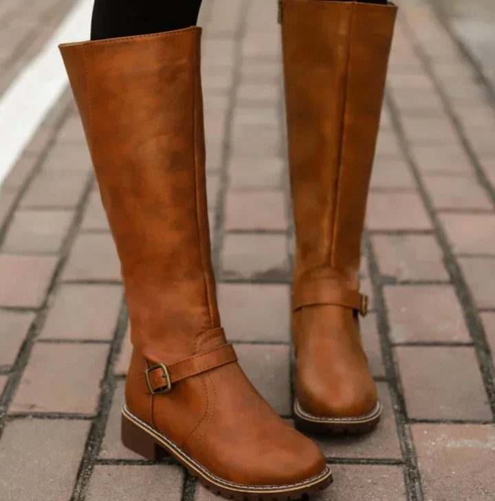 Kelsey | Women's Knee-High Buckle-Strap Block-Heel Leather Boots