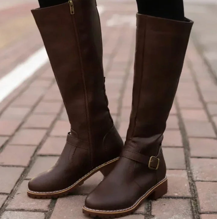 Kelsey | Women's Knee-High Buckle-Strap Block-Heel Leather Boots