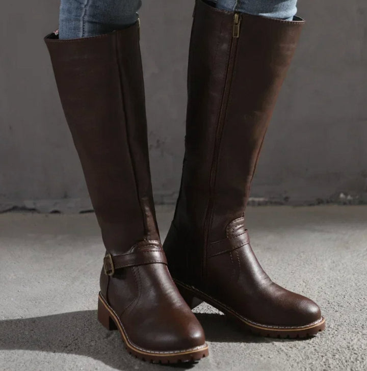 Kelsey | Women's Knee-High Buckle-Strap Block-Heel Leather Boots