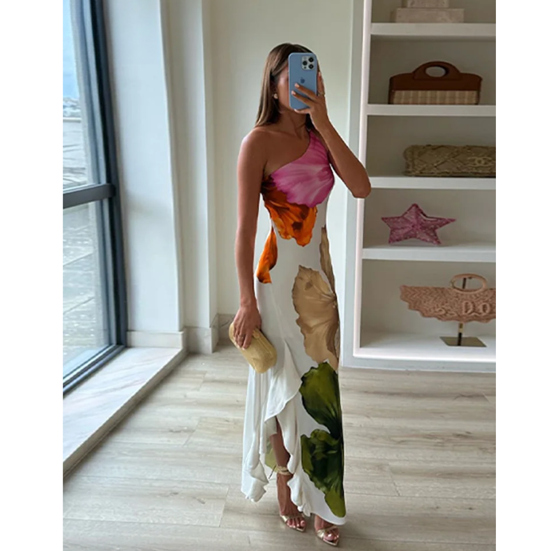 Women's White Maxi Dress | One-Shoulder Floral