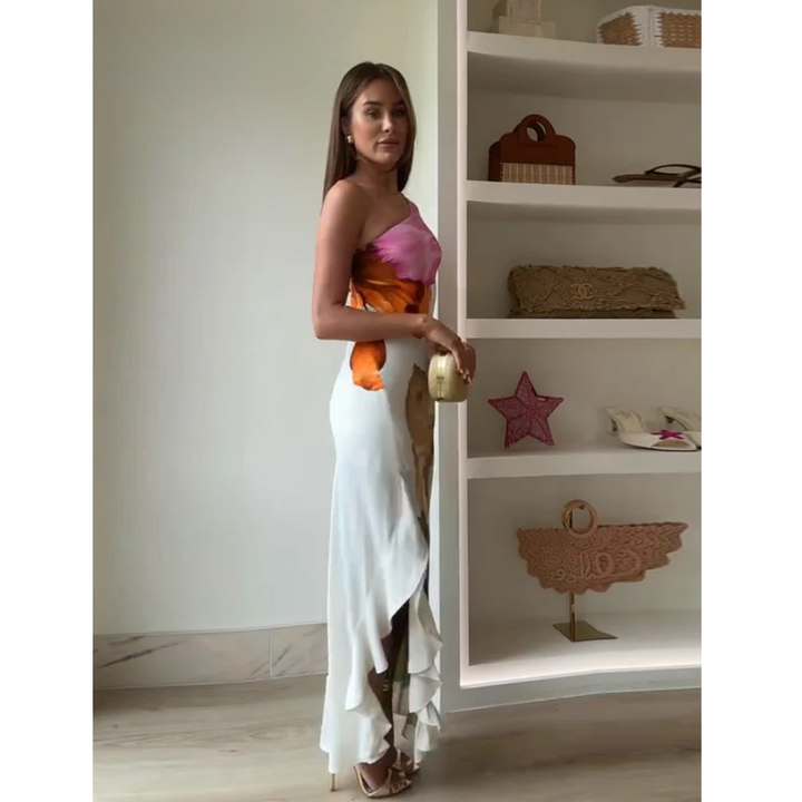 Women's White Maxi Dress | One-Shoulder Floral