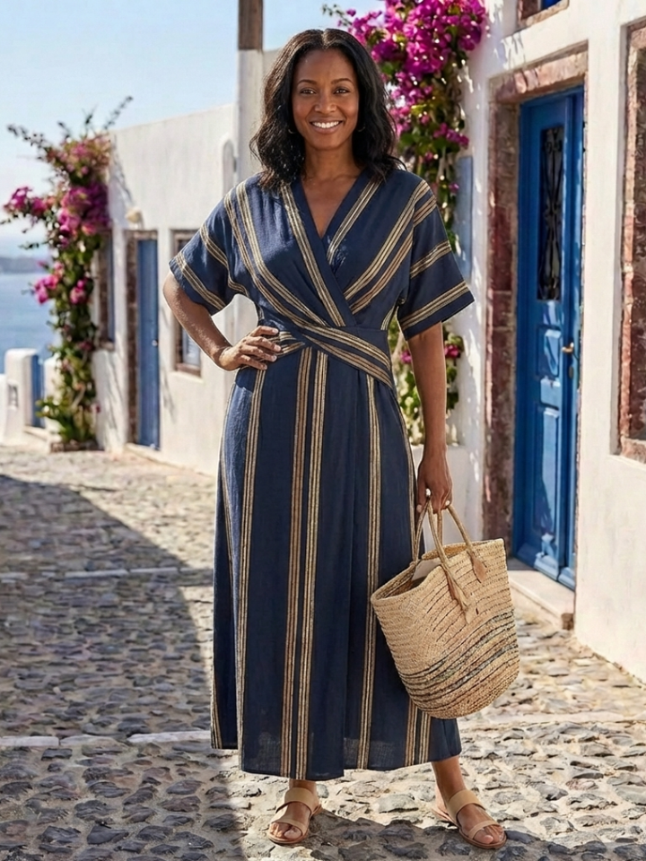 Women's Midi Sundress | V-Neck Wrap Striped