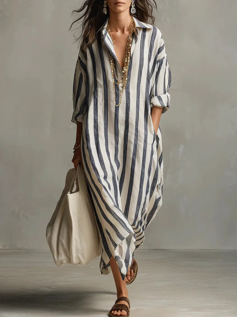 Women's Shirt Dress | Maxi V-Neck Striped