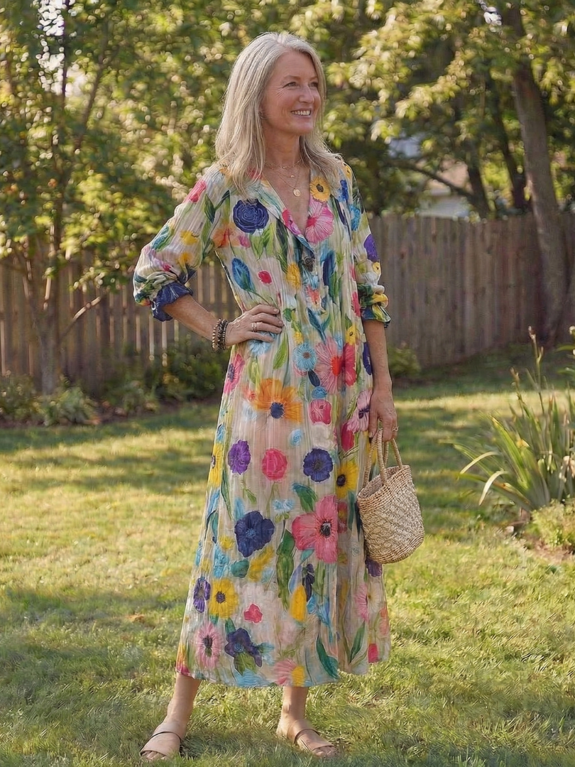 Women's Boho Midi Dress | Button-Front Floral