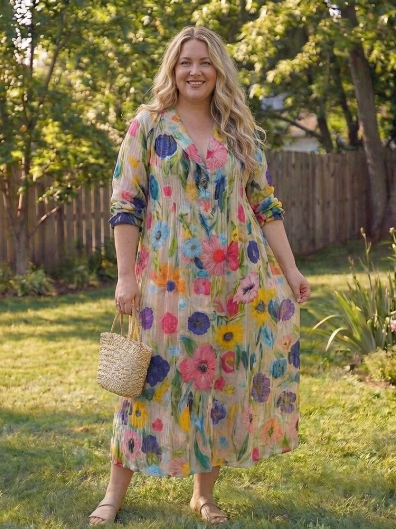 Women's Boho Midi Dress | Button-Front Floral