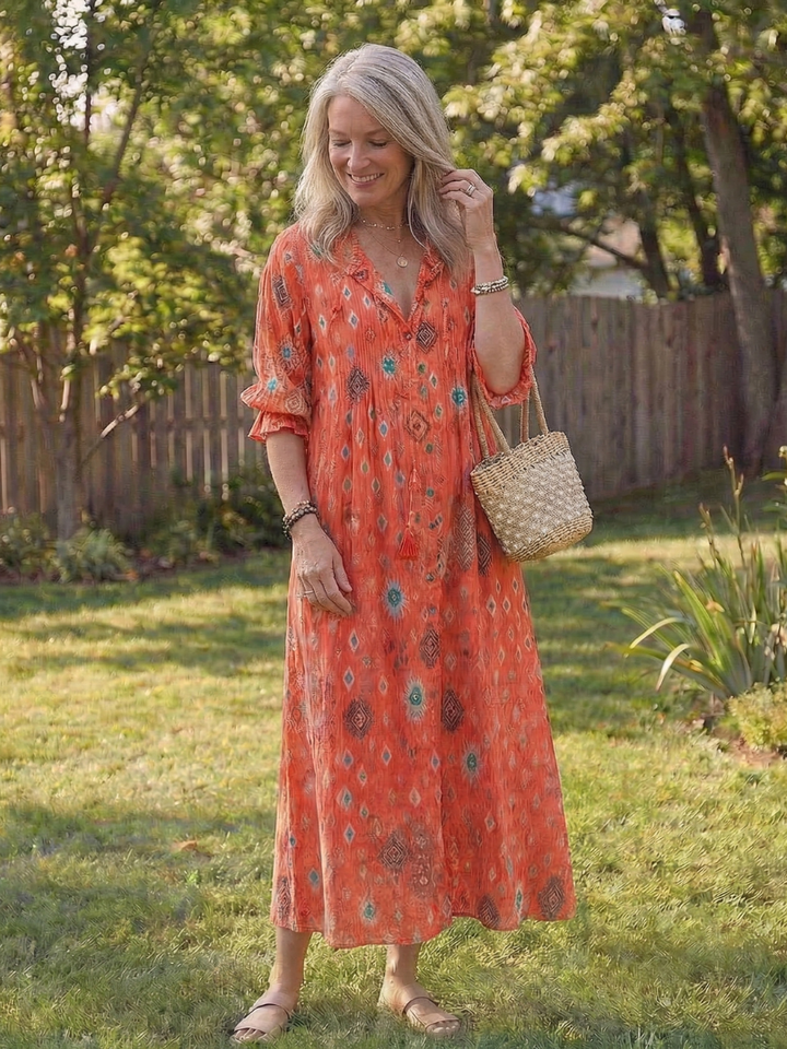 Women's Boho Midi Dress | Button-Front Floral