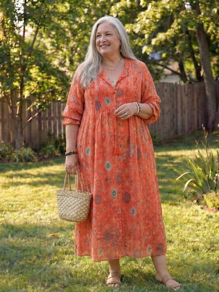 Women's Boho Midi Dress | Button-Front Floral