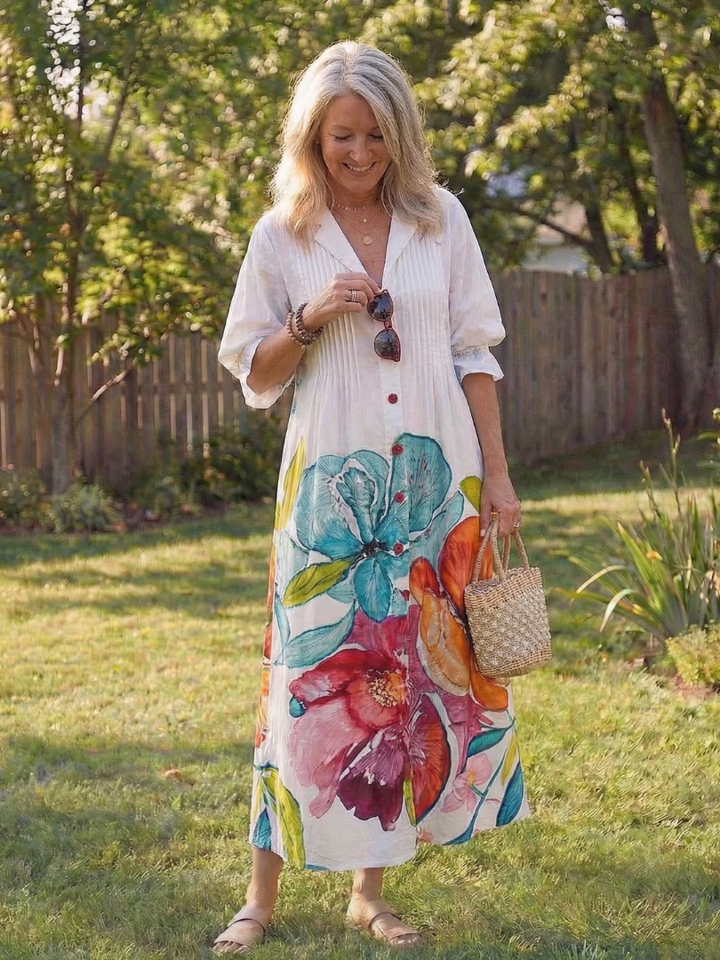 Women's Boho Midi Dress | Button-Front Floral