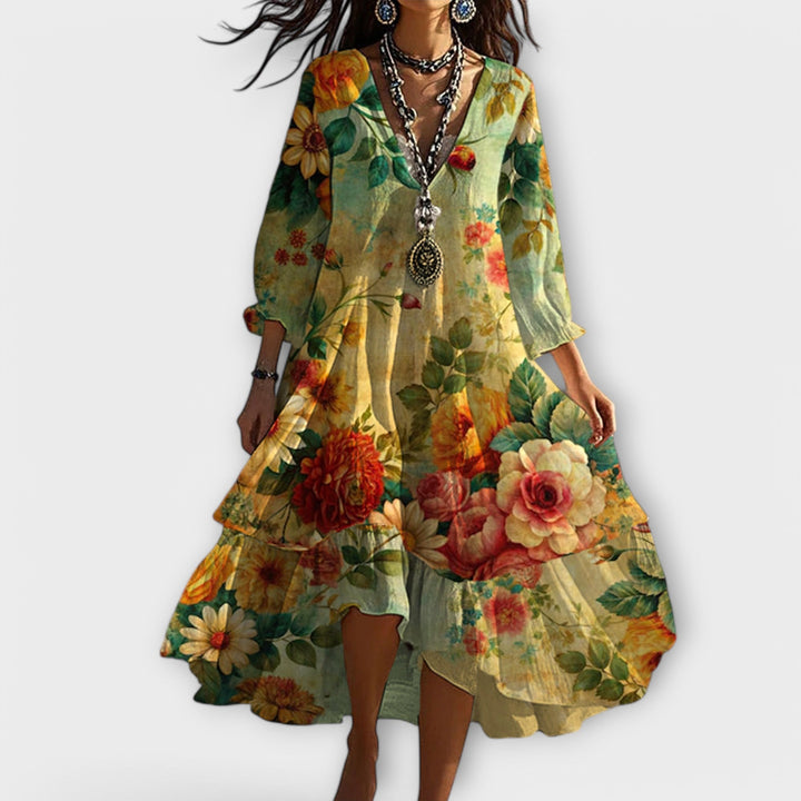 Women's Boho Dress | Floral Midi Dress V-Neck 3/4 Sleeve