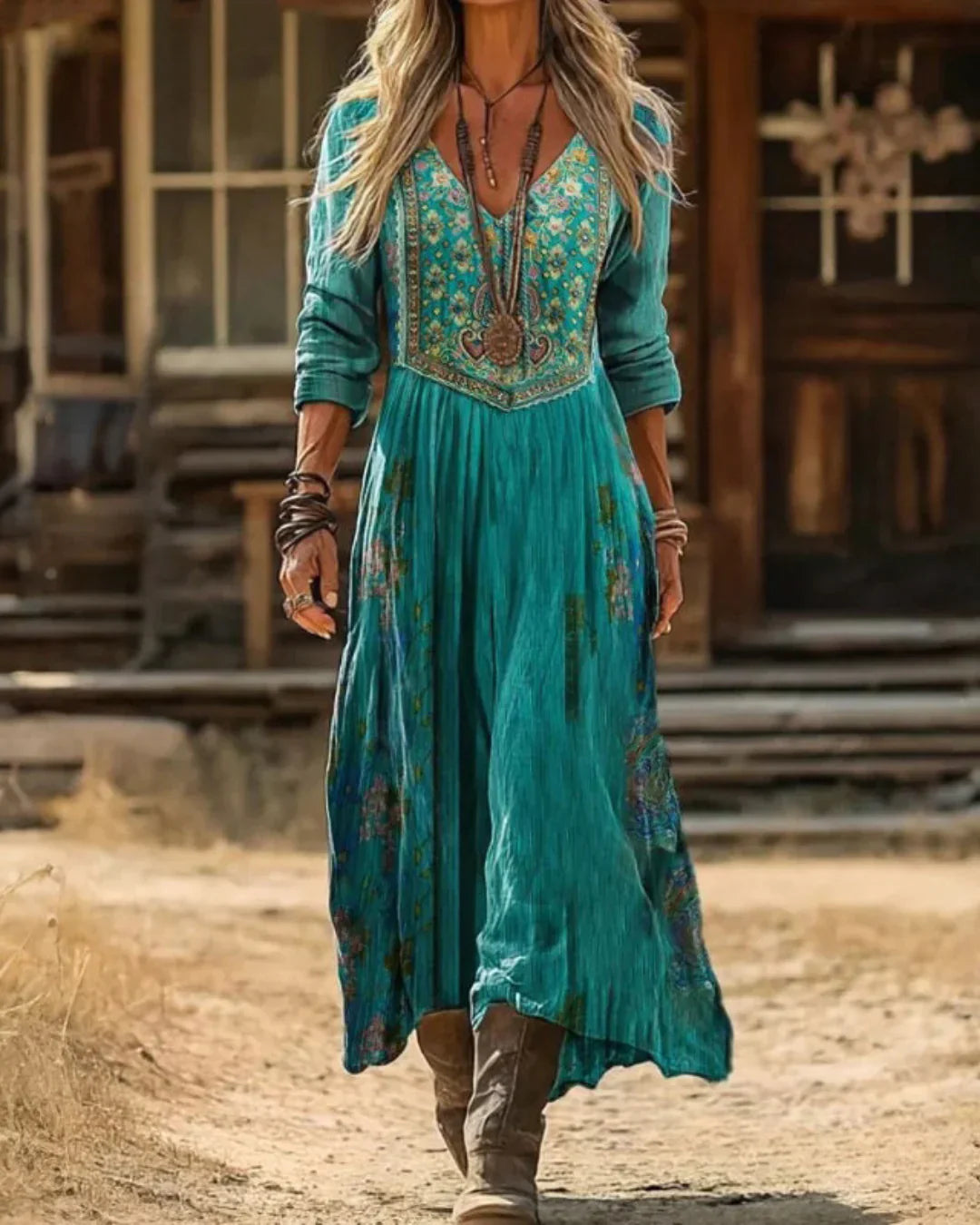 Women's Boho Midi Dress | V-Neck Long Sleeve