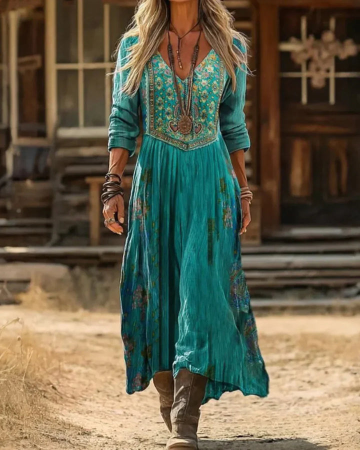 Women's Boho Midi Dress | V-Neck Long Sleeve