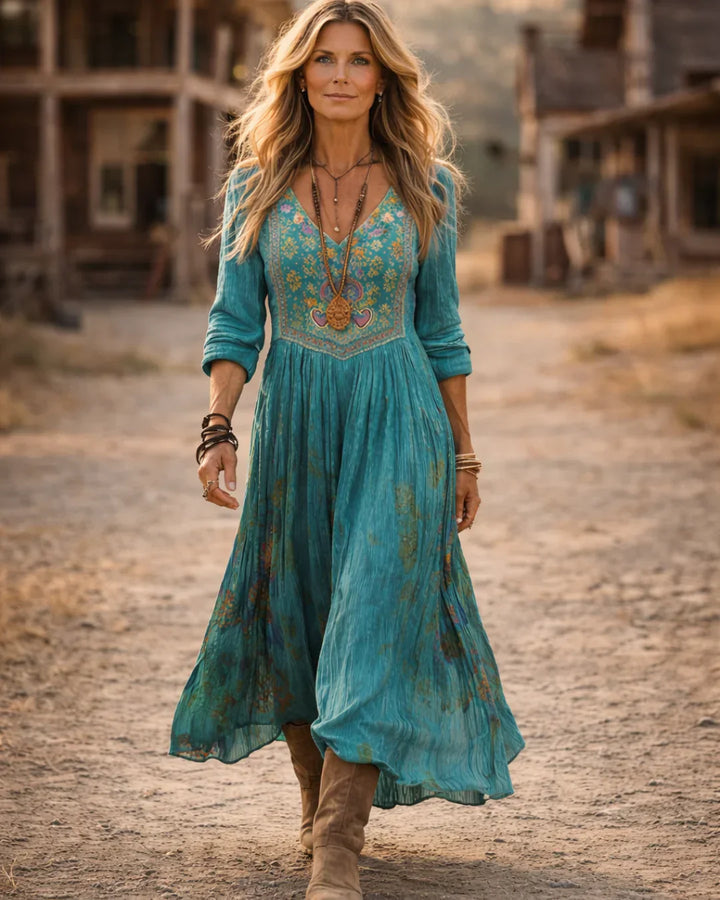 Women's Boho Midi Dress | V-Neck Long Sleeve