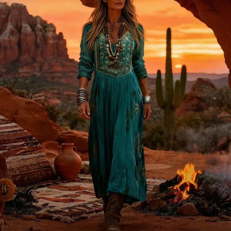 Women's Boho Midi Dress | V-Neck Long Sleeve
