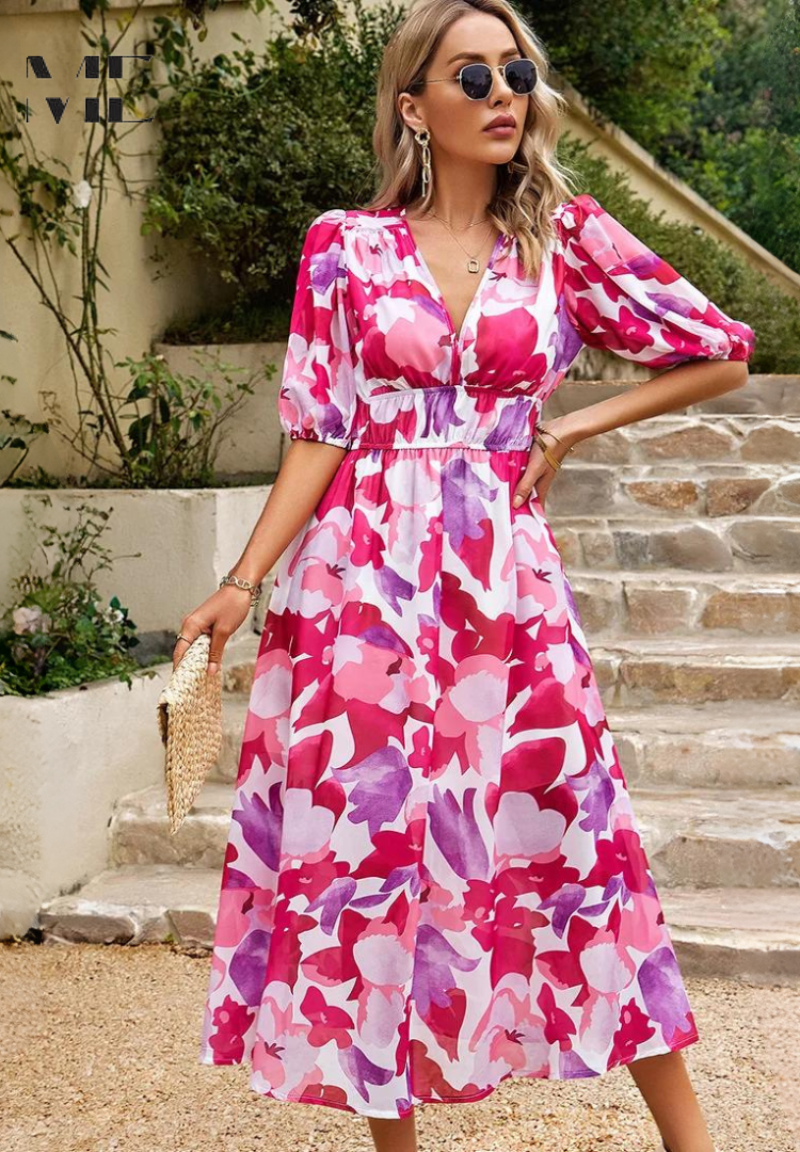 Women's Wedding Guest Midi Dress | V-Neck Floral