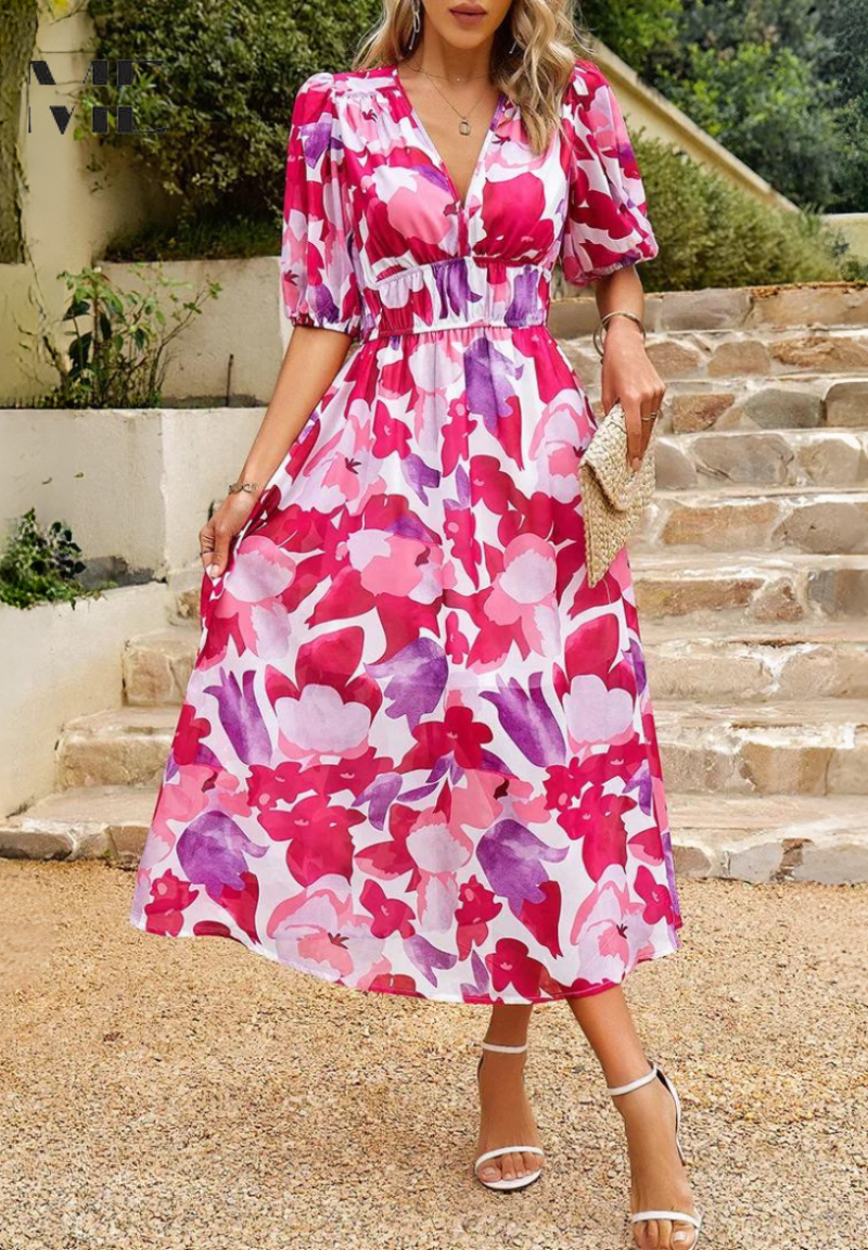 Women's Wedding Guest Midi Dress | V-Neck Floral