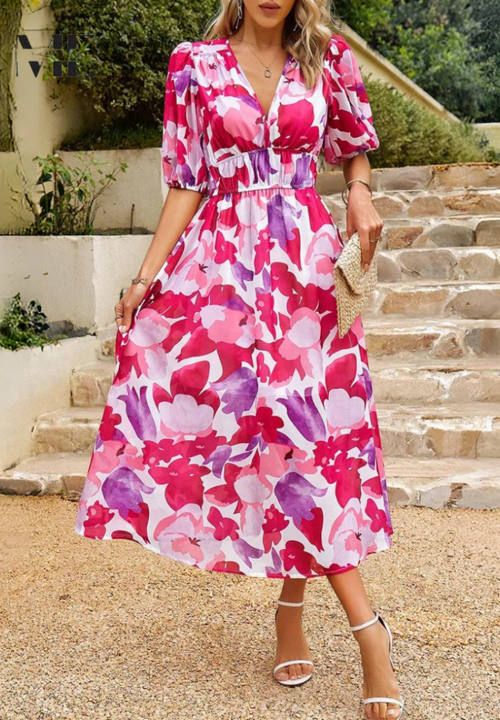 Women's Wedding Guest Midi Dress | V-Neck Floral