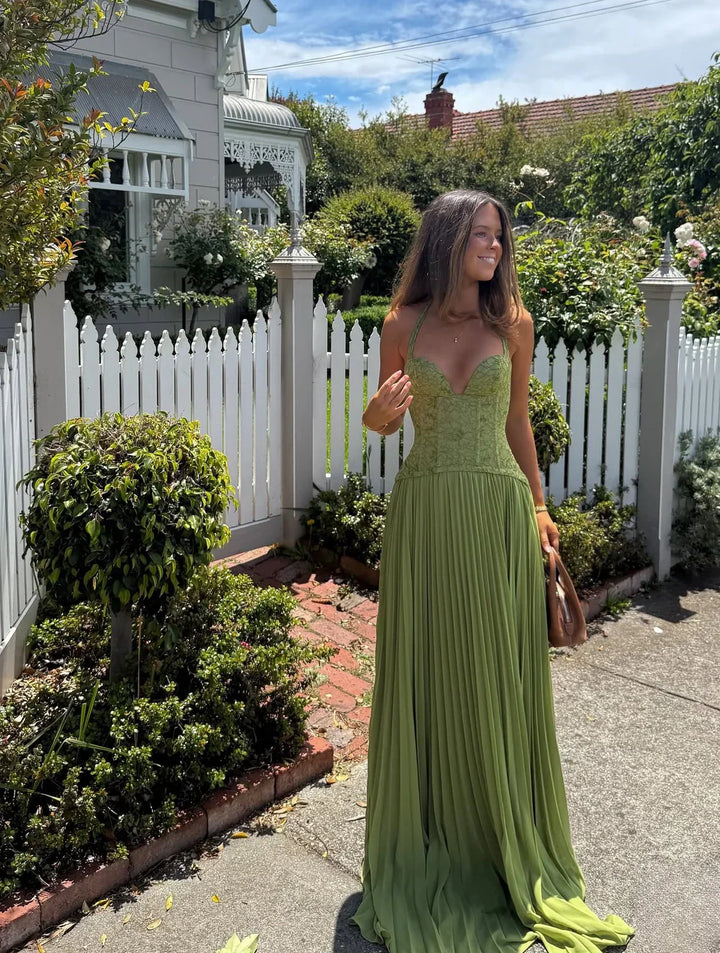 Women's Green Wedding Guest Maxi Dress | Halter Pleated
