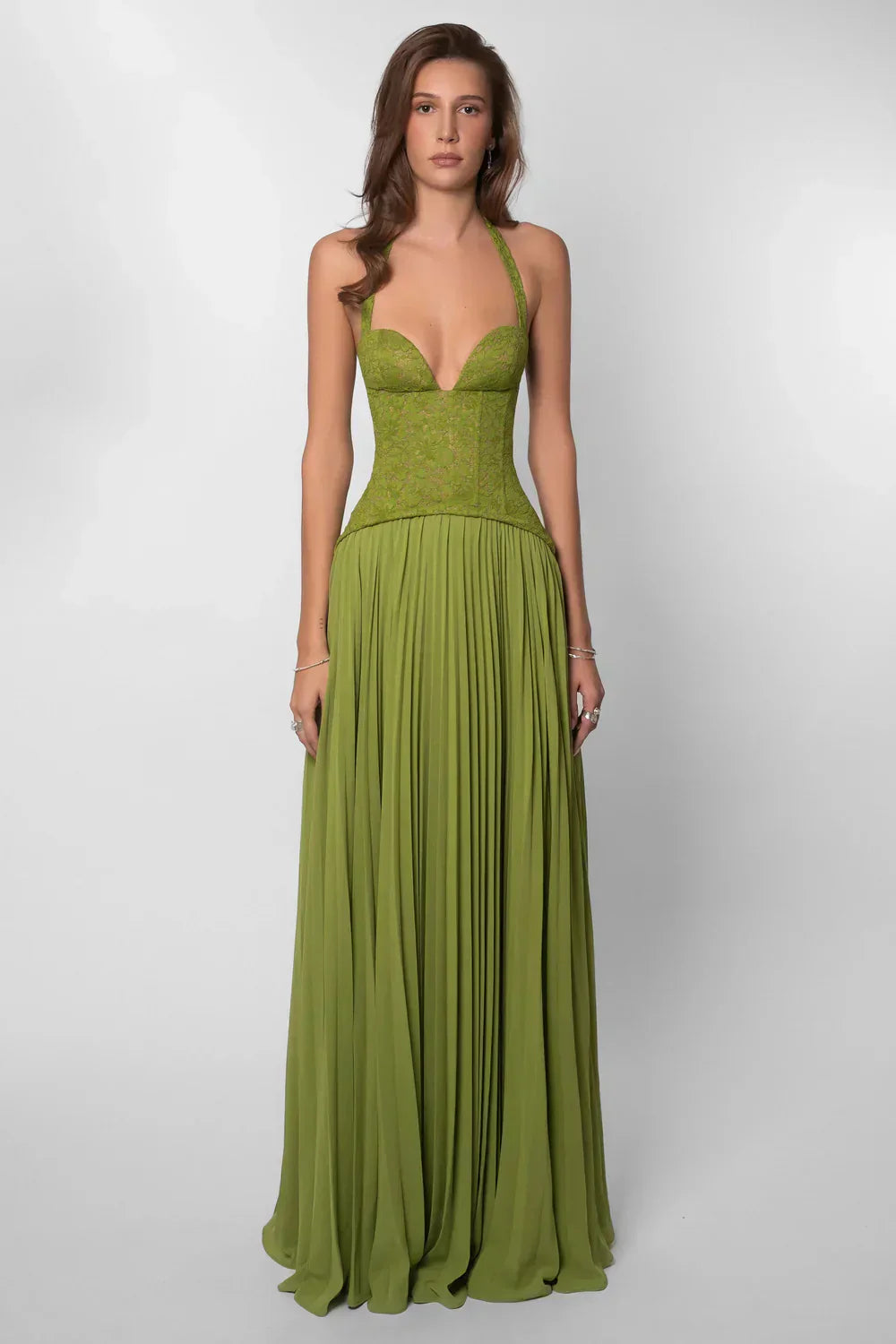 Women's Green Wedding Guest Maxi Dress | Halter Pleated