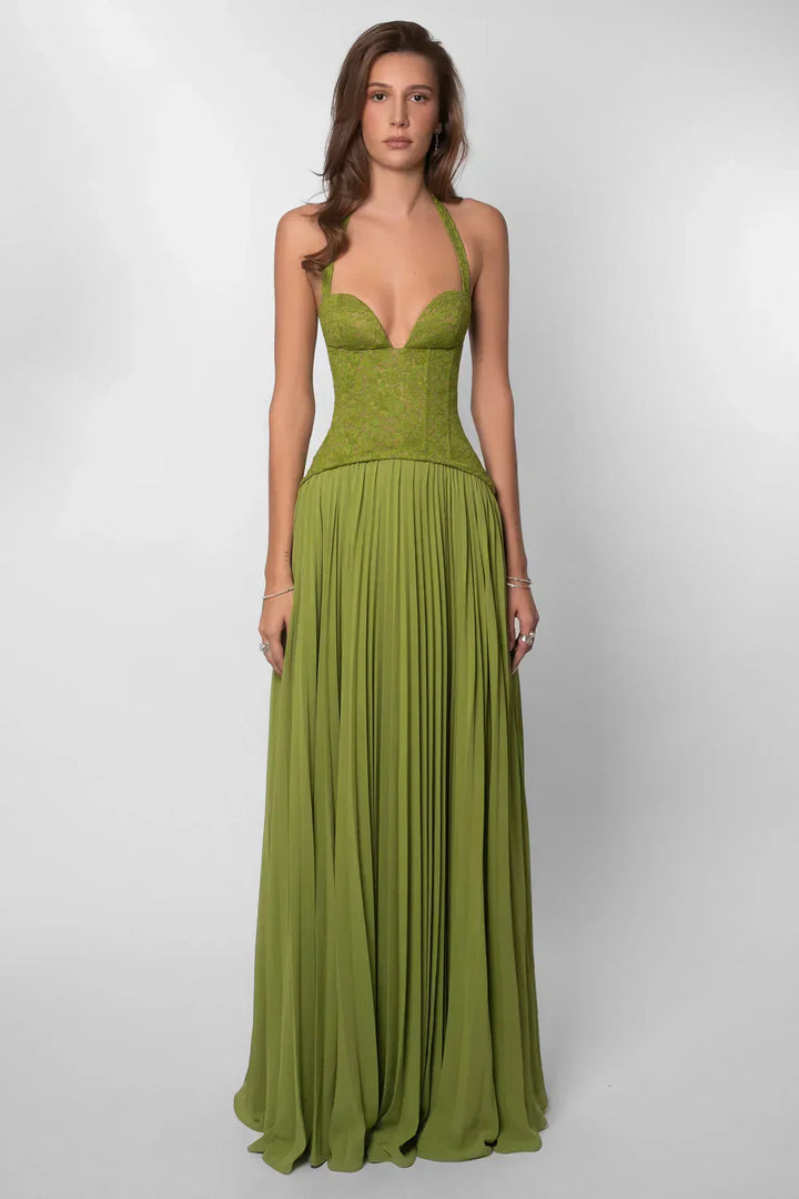 Women's Green Wedding Guest Maxi Dress | Halter Pleated
