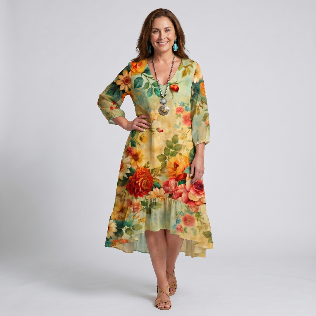 Women's Boho Dress | Floral Midi Dress V-Neck 3/4 Sleeve