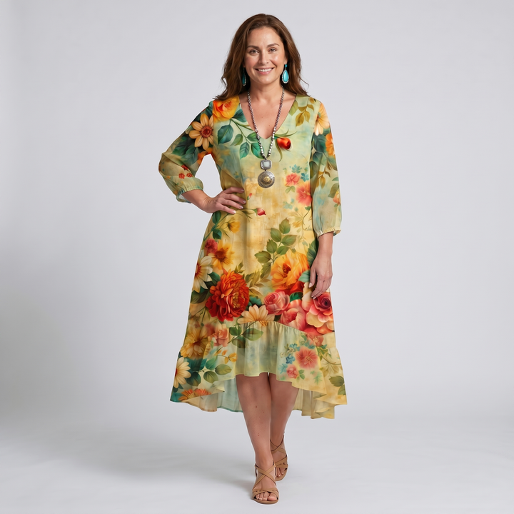 Women's Boho Dress | Floral Midi Dress V-Neck 3/4 Sleeve