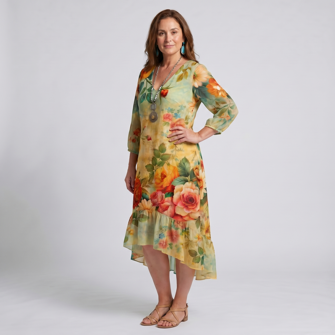 Women's Boho Dress | Floral Midi Dress V-Neck 3/4 Sleeve
