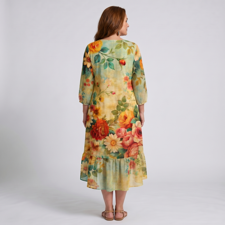 Women's Boho Dress | Floral Midi Dress V-Neck 3/4 Sleeve