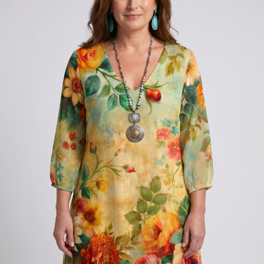Women's Boho Dress | Floral Midi Dress V-Neck 3/4 Sleeve
