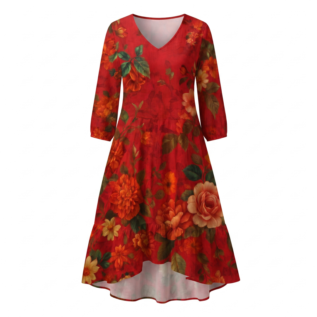 Women's Boho Dress | Floral Midi Dress V-Neck 3/4 Sleeve