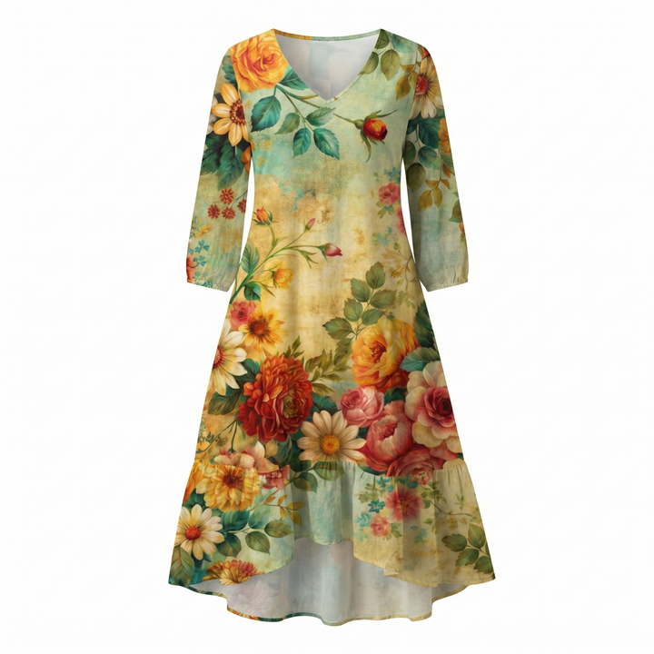 Women's Boho Dress | Floral Midi Dress V-Neck 3/4 Sleeve