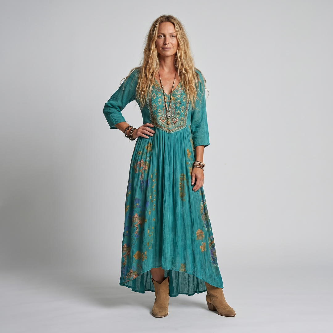 Women's Boho Midi Dress | V-Neck Long Sleeve