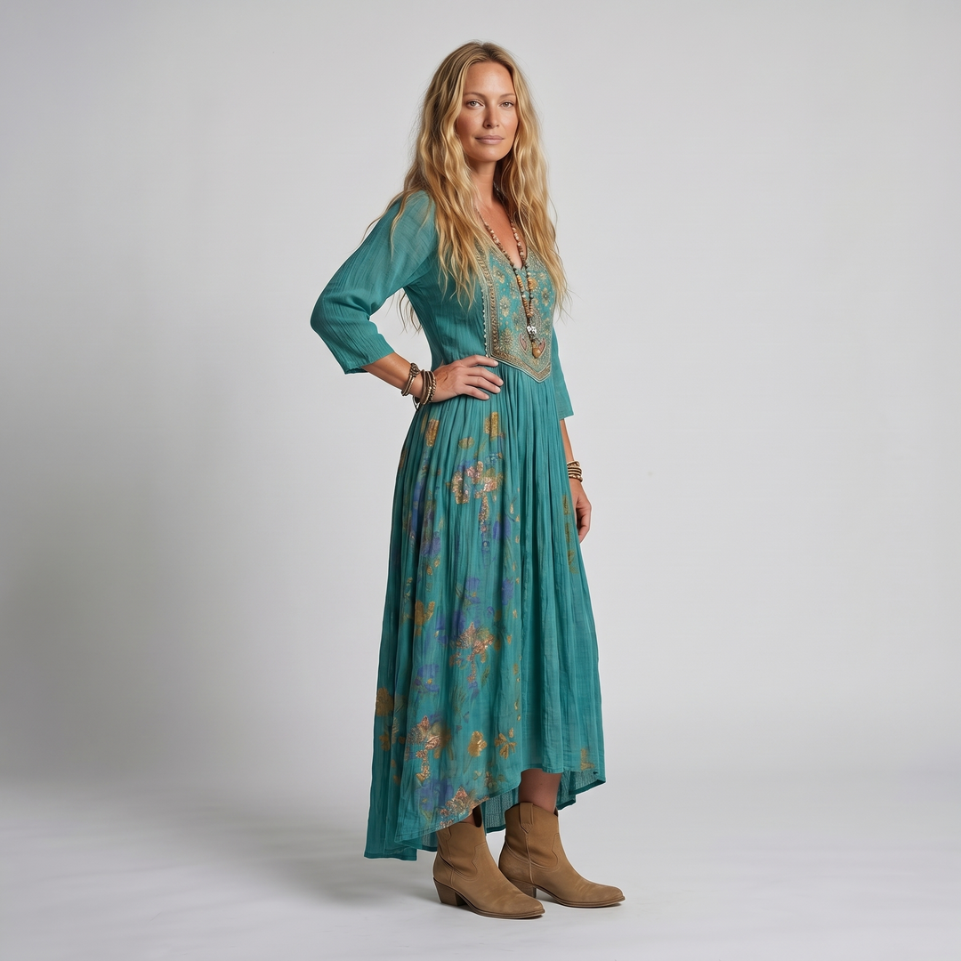 Women's Boho Midi Dress | V-Neck Long Sleeve