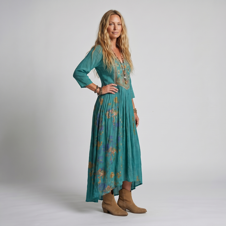 Women's Boho Midi Dress | V-Neck Long Sleeve